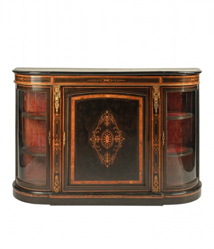 Sideboard in ebonized wood and inlaid with different woods, England, 19th c
