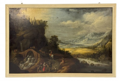Paysage fluvial avec voyageurs, école anversoise du 17e siècle