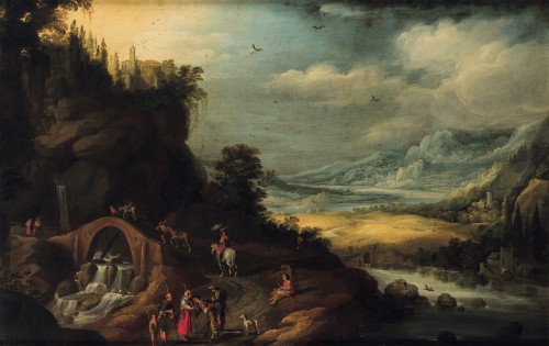 Paysage fluvial avec voyageurs, école anversoise du 17e siècle - Tableaux et dessins Style 