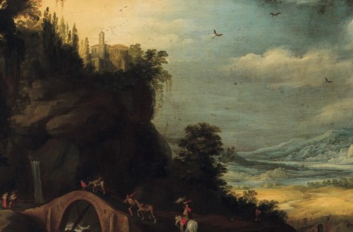 Tableaux et dessins Tableaux XVIIe siècle - Paysage fluvial avec voyageurs, école anversoise du 17e siècle