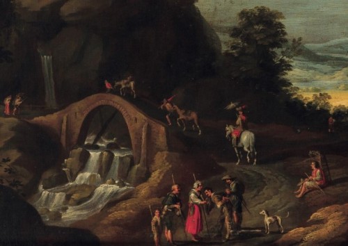 Paysage fluvial avec voyageurs, école anversoise du 17e siècle - Antichità Giglio