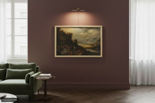 Paysage fluvial avec voyageurs, école anversoise du 17e siècle - 