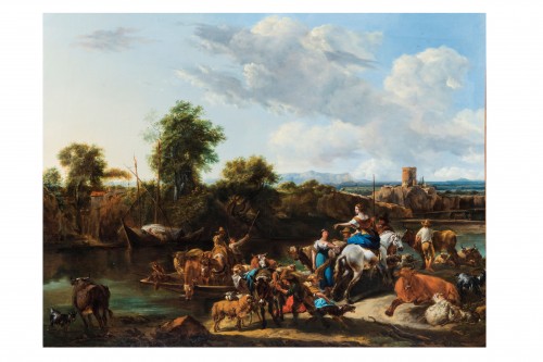 Tableaux et dessins Tableaux XVIIe siècle - Nicolas Berchem (1620 - 1683), Bergers traversant la rivière avec leurs troupeaux
