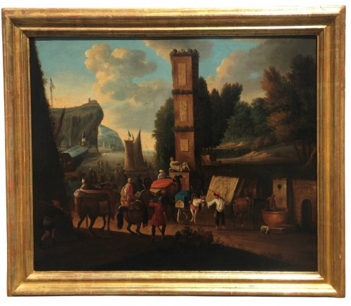 Anonyme Flamand du XVIIIe siècle, Vue du port avec obélisque