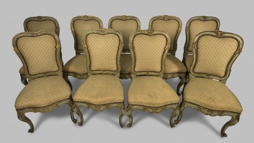 Antiquités - Set of nine green lacquered wooden chairs with gold trim, 18th century