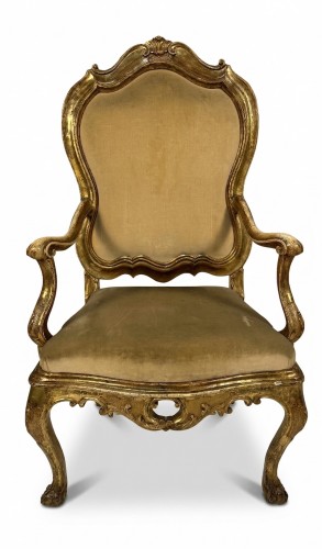 XVIIIe siècle - Trois fauteuils en bois doré, Venise XVIIIe siècle