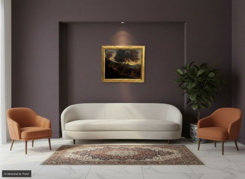 Tableaux et dessins Tableaux XVIIIe siècle - Paysage avec personnage et lac en arrière-plan, anonyme du XVIIIe siècle