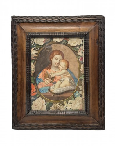 Vierge à l'Enfant dans une guirlande de fleurs, anonyme XVIIIe siècle