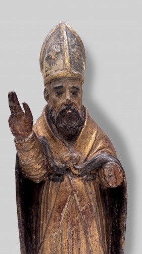 Saint évêque bénissant, Italie XVIIe siècle - Sculpture Style 