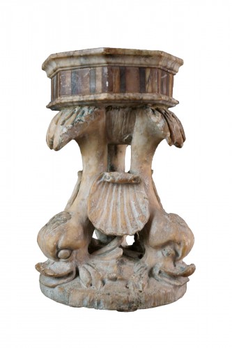 17th Marble Support Table Center With Three Dolphins