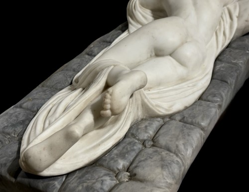 19th century - Sleeping Hermaphroditus, Large Neoclassical White Marble Sculpture