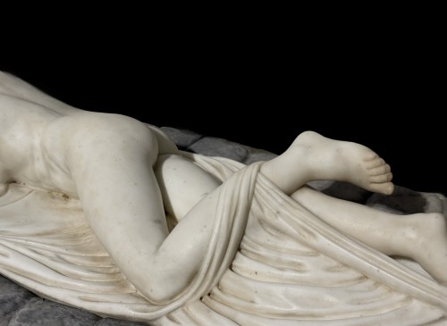 Sleeping Hermaphroditus, Large Neoclassical White Marble Sculpture - Empire