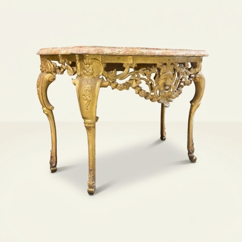 18th Italian Rococo-style Console Table In Gilded Wood Grotesque Mask - Furniture Style Louis XV
