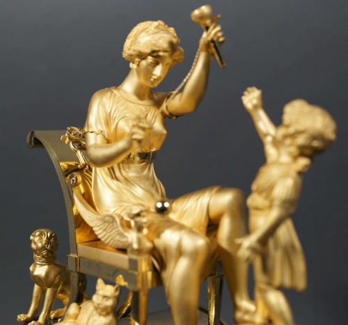 &quot;The Cup-and_ball Lesson&quot;, Empire Ormolu Bronze Mantel Clock - Horology Style Empire