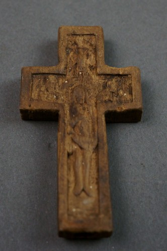 Art sacré, objets religieux  - Croix orthodoxe Byzantine bois sculpté et argent du 17e siècle