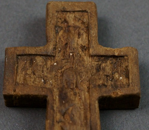 XVIIe siècle - Croix orthodoxe Byzantine bois sculpté et argent du 17e siècle