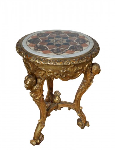 18th Golden Wood Pedestal Table Mosaic Marble 