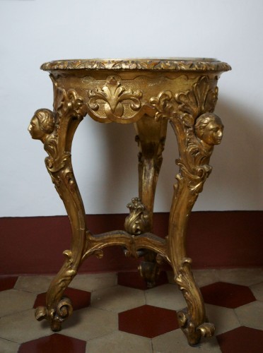 18th Golden Wood Pedestal Table Mosaic Marble  - 