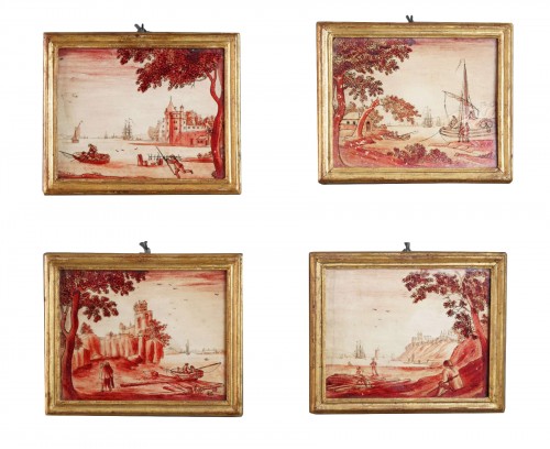 Ecole Flamande du 18e siècle - Série de quatre paysages sous verre