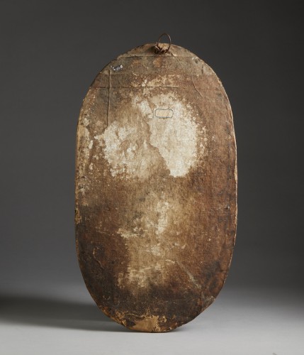 Art sacré, objets religieux  - Relief en cuir représentant la Madone intronisée avec l'Enfant sur ses genoux