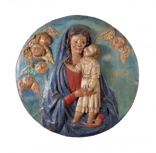 Vierge à l'Enfant, tondo en terre cuite polychrome du XXe siècle