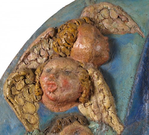 Sculpture Sculpture en Terre cuite - Vierge à l'Enfant, tondo en terre cuite polychrome du XXe siècle