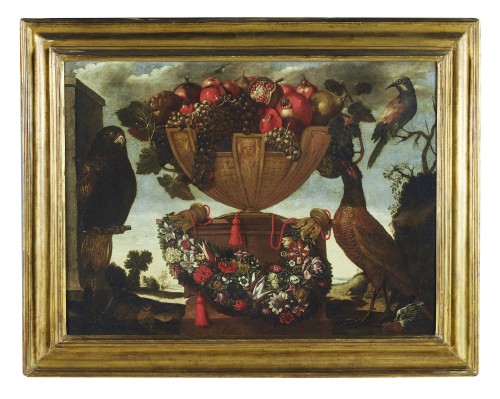 Basin full of fruit in a landscape with birds Rome, 16th century