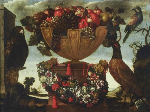 Basin full of fruit in a landscape with birds Rome, 16th century - Paintings & Drawings Style Renaissance