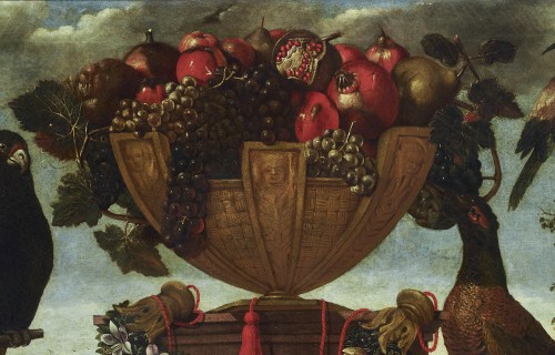 XVIe siècle et avant - Bassin plein de fruits dans un paysage avec des oiseaux Rome, XVIe siècle