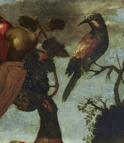 Basin full of fruit in a landscape with birds Rome, 16th century - Renaissance