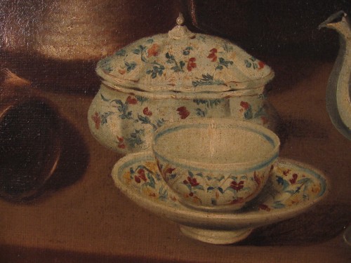 Tableaux et dessins Tableaux XVIIIe siècle - Nature morte avec vaisselle en cuivre, bouteille et majolique