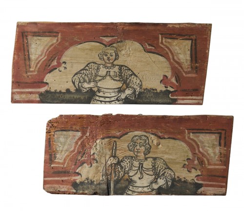 Paire de panneaux de plafond représentant des hommes d'armes en armure