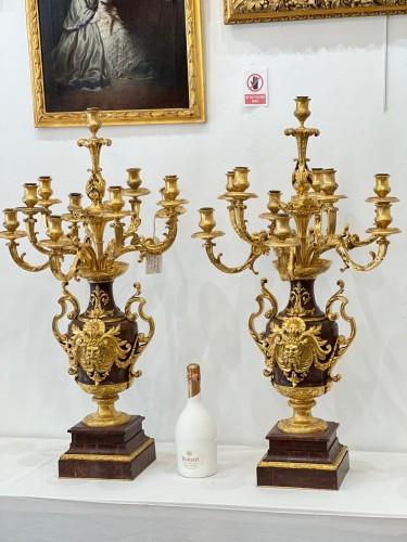 Paire de candélabres en bronze doré et marbre griotte à 10 bras XIXe siècle - Luminaires Style Napoléon III
