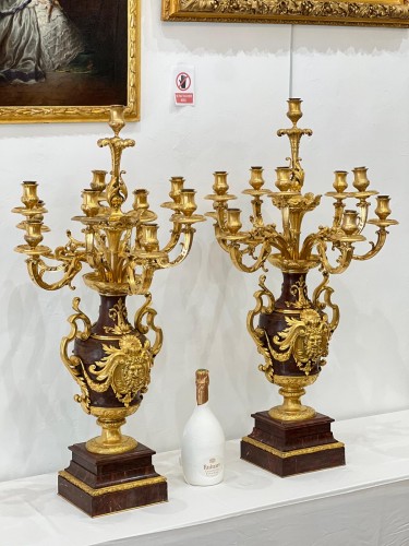 Paire de candélabres en bronze doré et marbre griotte à 10 bras XIXe siècle - Antikvariat Nice