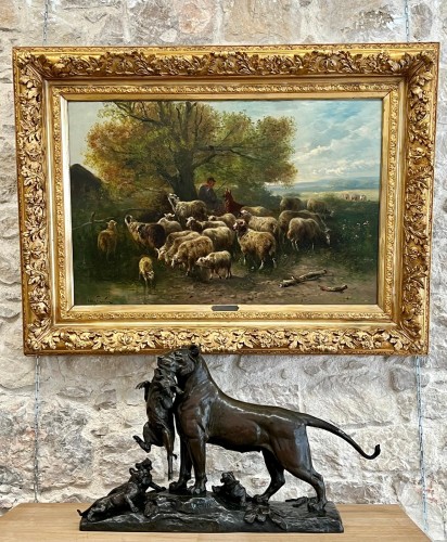 XIXe siècle - Auguste Nicolas Cain (1821-1894) - Lionne portant un sanglier à ses lionceaux