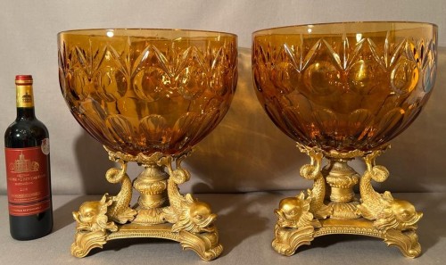 Paire de coupes en cristal de Bohème taillé fumée et bronze doré - Verrerie, Cristallerie Style Napoléon III