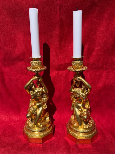 Paire de flambeaux du XIXe siècle en bronze ciselé et doré - Luminaires Style Napoléon III
