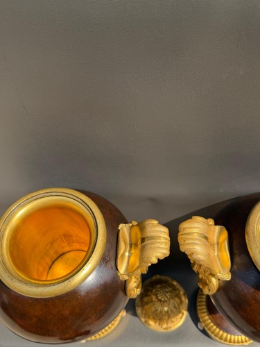 Antiquités - Paire de cassolettes néoclassiques en bronze patiné et bronze doré – XIXe siècle
