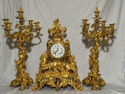 Garniture de cheminée Napoléon III en bronze doré - Horlogerie Style Napoléon III