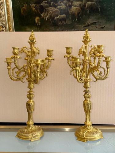 Paire de candélabres en bronze ciselé et doré 1860 - Luminaires Style Napoléon III