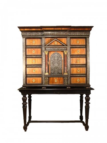 Louis XIV architectural cabinet in ebony and blackened wood with pewter inlay