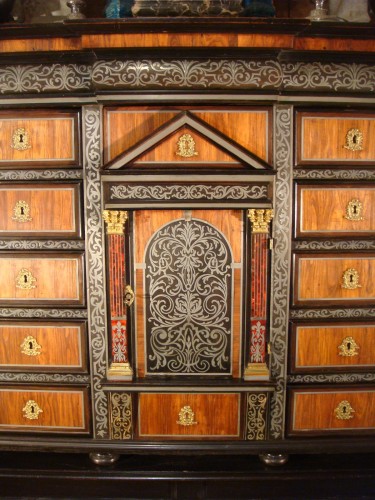 Furniture  - Louis XIV architectural cabinet in ebony and blackened wood with pewter inlay