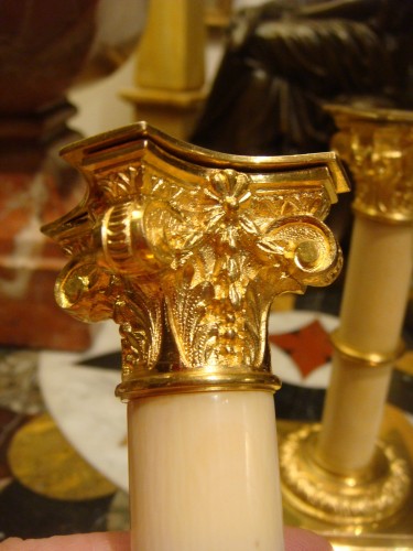 Pair of small bronze and ivory table candlesticks - 