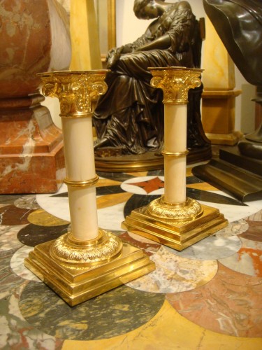 Pair of small bronze and ivory table candlesticks - 