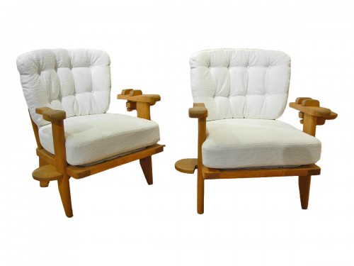 Guillerme et Chambron - Pair of oak armchairs with glass holder