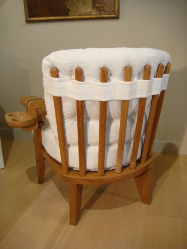 20th century - Guillerme et Chambron - Pair of oak armchairs with glass holder