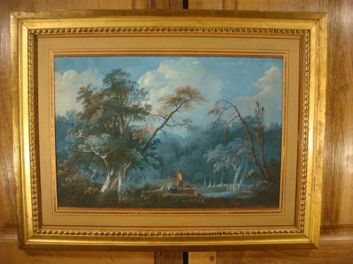 Paysage animé, gouache sur papier - Époque fin XVIIIe siècle - Tableaux et dessins Style Louis XVI