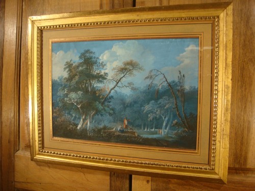 Tableaux et dessins Dessin, Aquarelle & Pastel - Paysage animé, gouache sur papier - Époque fin XVIIIe siècle