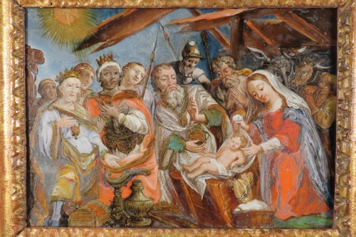 Tableaux et dessins Tableaux XVIIIe siècle - Le Jour des Rois, peinture sous verre début XVIIIe