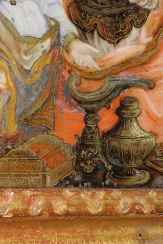 Antiquités - Le Jour des Rois, peinture sous verre début XVIIIe